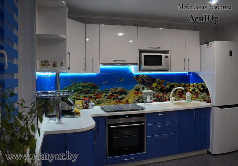 Бело-синяя кухня с яркой фотоскиналью