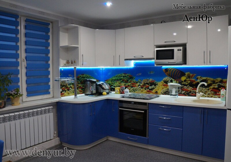 Бело-синяя кухня с яркой фотоскиналью